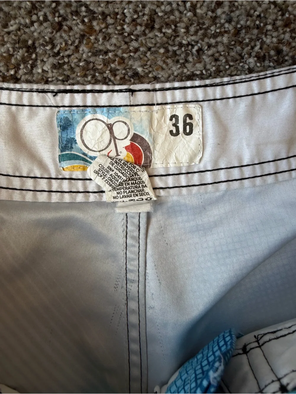 Ocean Pacific OP Mens 36 Y2K Board Shorts Blue Baroque Graphic Surf Swim Trunks